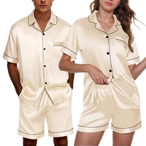 Matching Couple Pajamas Set Shorts Button Down Silk Pjs Short Sleeve Sleepwear 2 Pcs Loungewear3