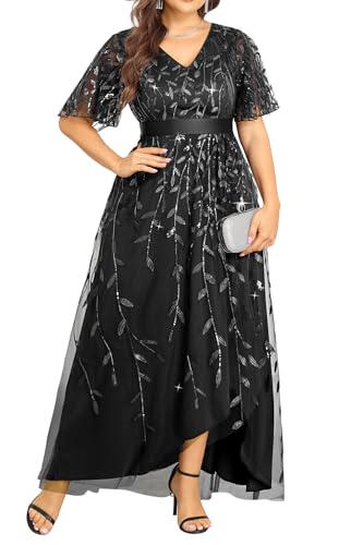 Plus Size Formal Dress Black Evening Ball Gown Gala Prom Long Elegant Wedding Guest Mother Sequin Dress with Sleeve 2025