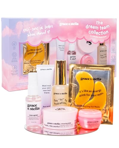 grace & stella Award Winning Skin Care Set - Birthday Gifts for Her, Travel Size Toiletries with Eye Masks, Hyaluronic Acid Serum, Lip Balm & More, Gift Baskets for Women, Vegan Cruelty-Free Self Care