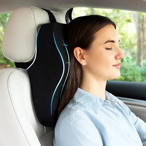Image of Sulfar Neckrest Cushion for Neck and Cervical Support - Car Headrest Memory Foam Pillow - Designed to Relieve Neck Pain and Muscle Tension with Balanced Softness (Black, Pack of 1) Large