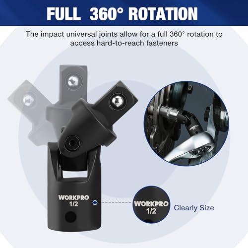 Image of WORKPRO 9-Piece Impact Socket Extension Set, Includes 3 /8 inch Drive Extension Bar Set, 1 /4 inch, 3 /8 inch & 1 /2 inch Drive Universal Joints and Adapters, Premium Chrome Vanadium Steel with Black Phosphate Finish