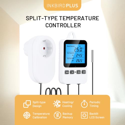 Image of INKBIRDPLUS Split-Type Temperature Controller for Brewing Reptile (EU Plug) | Digital Heating Cooling Thermostat with Backlit LCD, Periodic Timing Control, High and Low Temperature Alarms