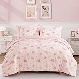 BLOOMHAVEN Queen Comforter Set for Girls, 7 Pieces Rose Flower Bedding Set with Pink...