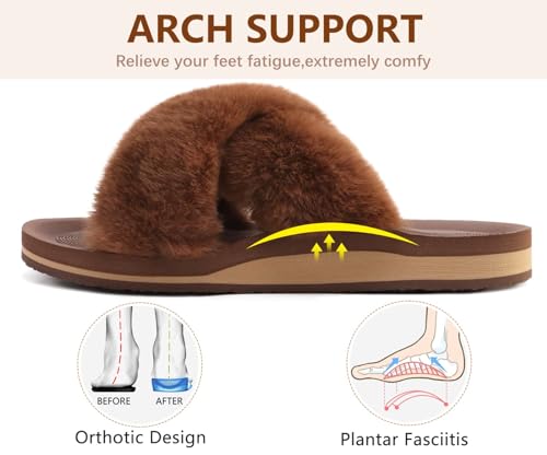 Image of COFACE Womens Fuzzy Slides Fluff Faux Fur Cross Slippers Open Toe Yoga Mat House Slipper Sandals With Arch Support For Indoor /Outdoor