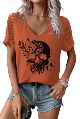 Women's Skull V Neck Shirt Fall Halloween Skeleton Graphic Cut Out Cold Shoulder Tee Spooky Season Horror Tops(XXL,B-Brown-1)