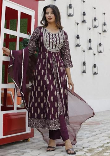 Image of Rayon Nayra Cut Embroidered Kurti Pant Set with Dupatta|Elegant Ethnic Wear for Party and Festive Occasions