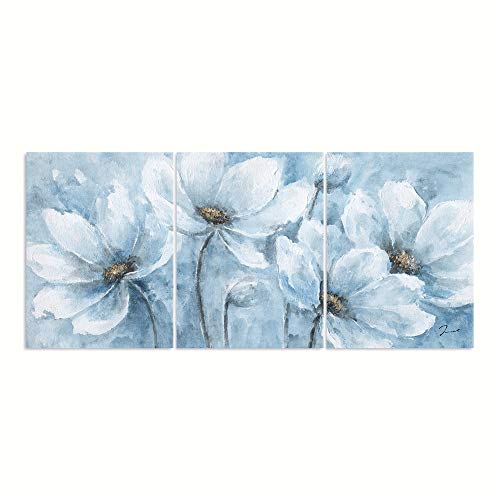 Yidepot Magnolia Flower Picture Wall Decor: Blue And White Flower Canvas Wall Art For Bedroom Floral Painting Frame Ready To Hang (12"X16"X3 Panels) #TOP1