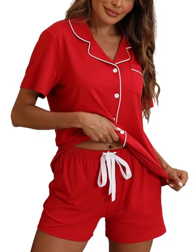Image of ZMJ Pajamas for Women Set 2 Piece Pj Short Sets Bride Sleepwear Button Up Red L
