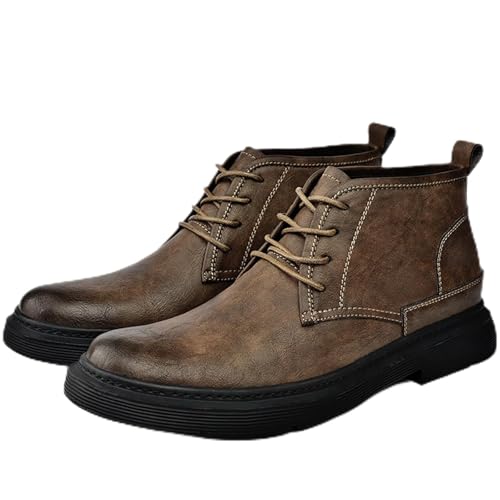 Men's Leather Lace-up Dress Chukka Ankle Boots Retro Round Toe Winter Plush Comfortable Non-slip Derby Boots Fashion Waterproof Business Formal Motorcycle Booties