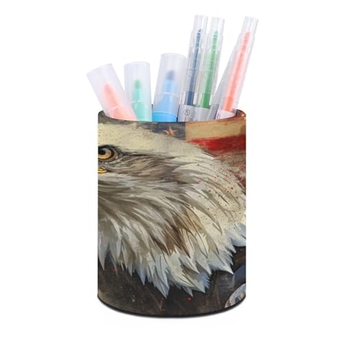 DuduYH Vintage Bald Eagle with American Flag Pencil Holder Round Pen Cup Patriotic PU Leather Marker Holder Makeup Brush Holders Desk Accessories Workspace Organizers for Home School Office
