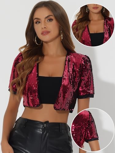 Image of Allegra K Sequin Cardigan for Women Puff Sleeve Open Front Jacket Sparkly Glitter Cropped Shrug Bolero