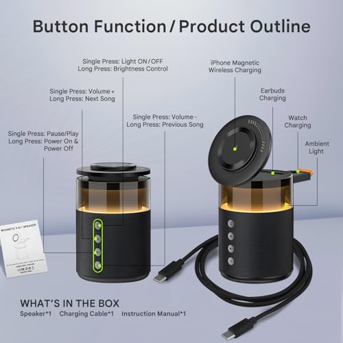 Image of Humble 5-in-1 Magnetic Wireless Charger with Bluetooth Speaker | Mag-Safe Charging Dock for iPhone Series 17 /16 /15 /14 /13 /12, iWatch & AirPods | Fast Charging Phone Stand with Night Lamp (Black)