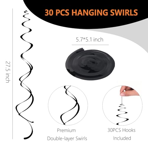 Image of Black Hanging Swirls Party Decorations 30 Pack- Extra Long Double Swirl Ceiling Decorations for Halloween, Baby Shower, Christmas, Wedding, Birthday Decorations| Reusable Black Streamers with Hooks