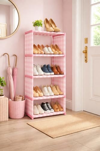 Image of Bumusty 5-Tier Shoe Rack, Pink Gingham Pattern, Fabric Storage Organizer, Space Saving Design Multipurpose Foldable Storage Rack, Bookshelf (5 Layer with Cover)