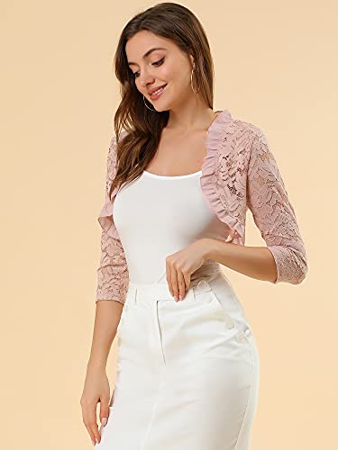 Image of Allegra K Women's Elegant Lace Cardigan Ruffle Collar Crop 3 /4 Sleeve Sheer Bolero Floral Lace Shrug Top
