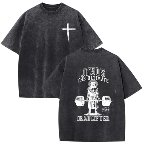 Weripoah Mens Oversized Christian Shirts Jesus Faith Shirt Funny Gym Graphic Tees God Religious Bible Verse Acid Wash Tshirts(Black XL)