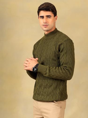 Image of Kvetoo Men's High Neck Cable Knit Sweater | Winter Pullover | Warm Wool Blend |Casual Full Sleeve Sweater for Men | Stylish Ribbed Neck Slim Fit Winterwear