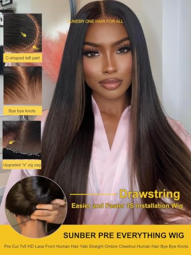 Image of Sunber Yaki Straight Ombre Chestnut Human Hair Wigs with Drawstring 18inch