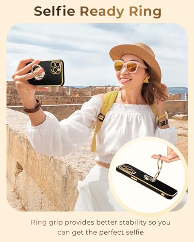 Image of XYZ for iPhone 13 Pro Back Cover Case with Stand, Phone Case with Double Ring Kickstand, for Girls Women, Luxury Cute Bling Protective Phone Cover Case for iPhone 13 Pro, Black | Double Ring Holder, Cute Love-Heart, Phone Chain Wristlet, Wrist Strap, Women Girls Bling Luxury Protective Case, Black