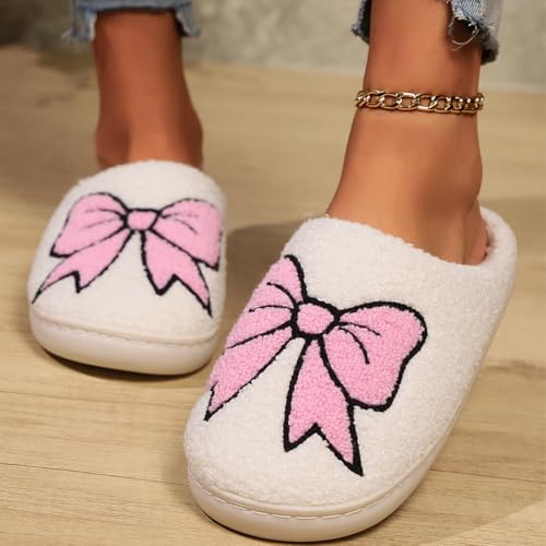 Bow Slippers For Women, Womens House Slippers, Cute Fall And Winter Pink Plush Fluffy Warm Indoor Slippers2