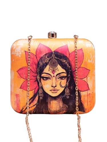 Image of Artklim Printed Box Clutch for Girls - Cross Body Purse with Detachable Golden Chain Strap