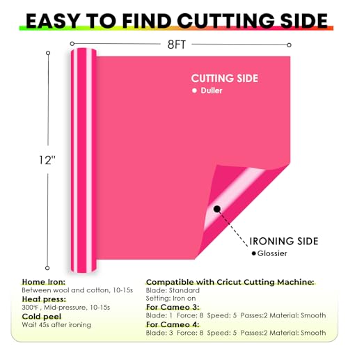 Image of HTVRONT HTV Vinyl Rolls Heat Transfer Vinyl - 12 inch x 8ft Neon Pink HTV Vinyl for Shirts, Iron on Vinyl for All Cutter Machine - Easy to Cut & Weed for Heat Vinyl Design (Neon Pink)