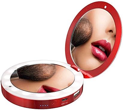 shinngo Lighted Up Mirror Compact Vanity Mirror with 3000mAh Battery for Personal Handheld Makeup (Red)