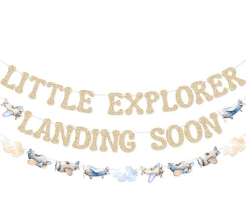 Image of Little Explorer Landing Soon Banner Airplane Garland for Blue Airplane Baby Shower Adventure Awaits Baby Shower Decorations