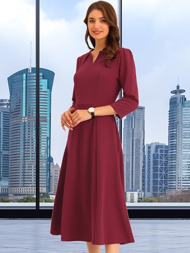 Image of Allegra K Womens 3 /4 Sleeve A-Line Business Work Formal Midi Dress | Elegant Dresses with Pockets, V Neck, Cockatail Party Church Funeral Outfits, Spring Fall Winter