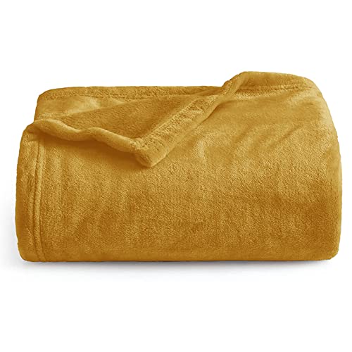 Oxford Homeware Fleece Blanket Sofa Throw Cuddly Reversible Soft Throws for Bed, Couch, Settee, Travel Lightweight and Breathable Blanket fit All Season (Mustard, Twin/Double)