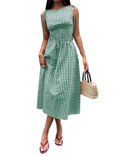 Acelitt Summer Maxi Dresses for Women 2026 Smocked Waist Gingham Dress Flowy A Line Beach Long Sun Dress with Pockets Vacation Outfits Green Large