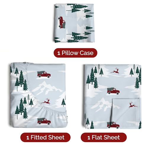 Twin XL Christmas Pickup Trucks Sheet Set - Holiday Xmas Pattern Bedding Set - Deep Pockets - Snug Fit - 3 Piece - Wrinkle Free - Cooling Festive Winter - Holiday Sheets for Women, Men, Kids & Teens