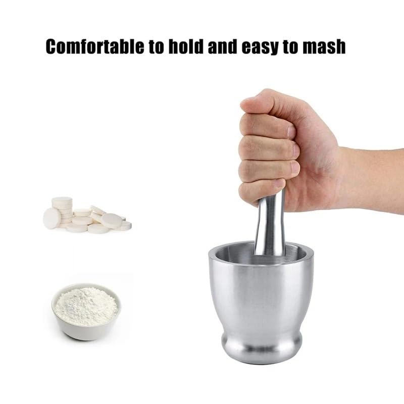 Mortaio Con Pestello Mortaio e pestello in acciaio inox di grandi dimensioni, set for frantumare le pillole spezie con coperchio protettivo for la cucina o for macinare erbe aromatiche