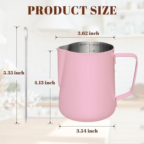 Amrules Milk Frothing Pitcher, 20 oz Milk Frother Cup with Clear Scale, 304 Stainless Steel Cappuccino Espresso Machine Accessories for Barista Coffee Bar with Latte Art Pen, Pink - 1
