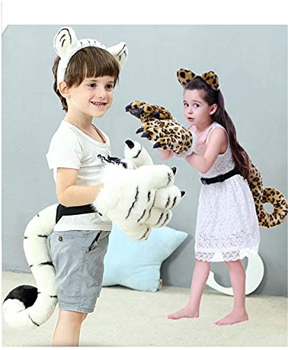 YELAN Künstlicher Tiger und Dinosaurier flauschige Plüschhandschuhe, Stirnband und Schwanz Kostümset Cosplay Tiger Dinosaurier Kinderpartykostüm (Yellow tiger 3 PCS)