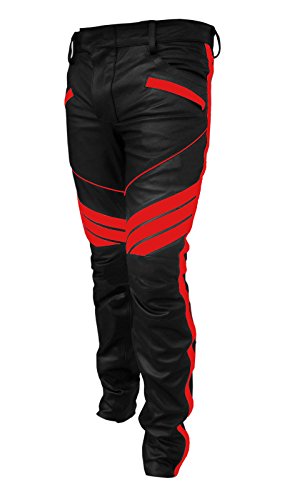 Mens Sexy Real Black & RED Leather Motorcycle Bikers Pants Jeans Trouser2