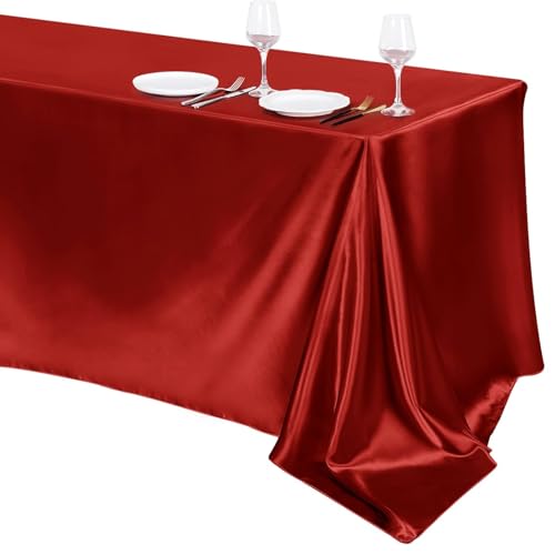 Image of TURSTIN 1 Pack Burgundy Satin Tablecloth 102 x 58 Inch Overlay Table Cover