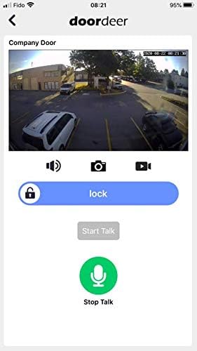 Mobile phone screen showing the GBF app interface with a live video feed from the doorbell and options to unlock the door.