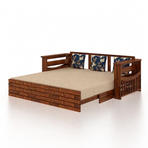 Image of Ganpati Arts Solid Sheesham Wood 3 Seater Italian Sofa Cum Bed with Side Pocket for Living Room Bedroom Wooden Bedroom Furniture for Home 1 Year Warranty (Natural Finish)