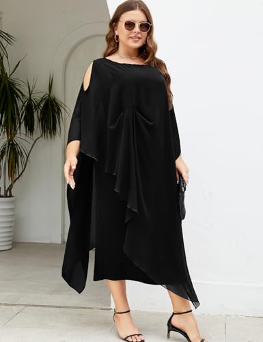 Image of ZOMVA Plus Size Elegant Formal Dress Long Cape Overlay Wedding Guest Formal Cocktail Mother of Bride Outfit