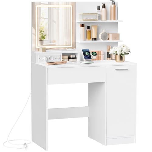 VASAGLE Kailyn Kollektion - Schminktisch, Frisiertisch mit LED-Spiegel und Steckdosenleiste,...