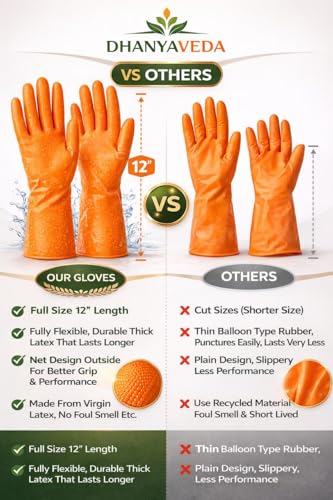Image of Heavy Duty Dishwashing Gloves 12 Inch Pack of 4 Pairs Waterproof Latex Kitchen Cleaning Anti Slip Reusable Rubber Household Gloves for Cleaning Gardening Pet Grooming ORANGE COLOUR