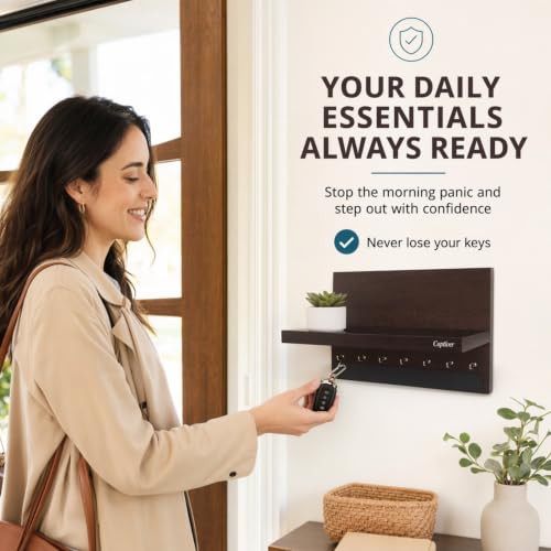 Image of Captiver Engineered Wood Wall Mounted Key Holders with Decorative Display Shelf (7 Hooks, Wenge) Keys Chains Rings Mobile Keychain Office School Kitchen Organizer