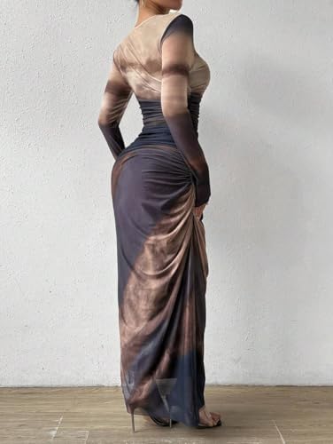 LIGHT DOT Women's Printed Bodycon Maxi Dress Long Sleeve Tie Dye Mesh Layered Dress2