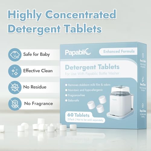 Image of Papablic 60Pcs Official Detergent Soap Tablets for Baby Brezza, GROWNSY, Momcozy Bottle Washer Pro & Portable Bottle Warmer, Compact Travel-Friendly Packs Washing Block (Pack of 3)