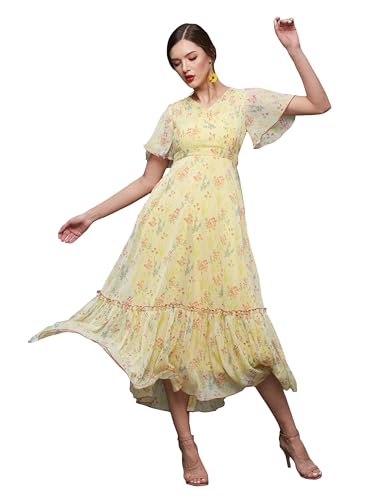 Image of Miss Chase Women's Multicolored-Base-Brown Relaxed Fit Maxi Lurex Chiffon Dress