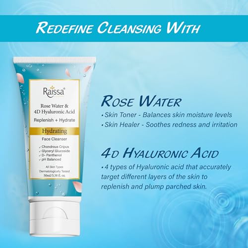 Image of Raissa Hydrating Face Wash Cleanser with Rose Water & 4D Hyaluronic Acid, 50ml | With Chondrus Crispus & D-Panthenol