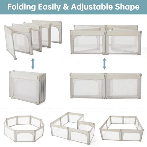 Image of Doradotey 8-Panel Foldable Baby Playpen for Toddlers 1-3, Adjustable Shape Large 59 inchx59 inch Indoor Playard, No Tools Assembly, 360 Breathable Mesh, Separate Washable Panels Safety Fence,Beige