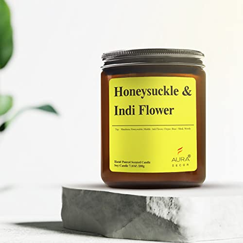 Image of AuraDecor Scented Jar Candle | Handpoured Soy Wax Candle with Long Lasting Burn Time | Premium Amber Jar Aromatherapy Candle | Ideal Gift for Home & Decor (Extra Large, Honeysuckle & Indi Flower)