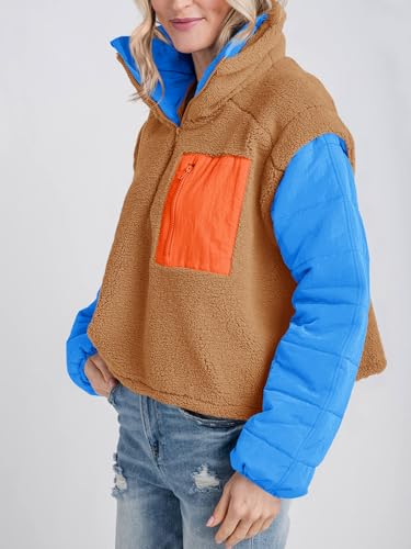 Tankaneo Womens Fleece Puffer Pullover Jacket Sherpa Fuzzy Coat Fall Winter Half Zip Color Block Sweatshirt3